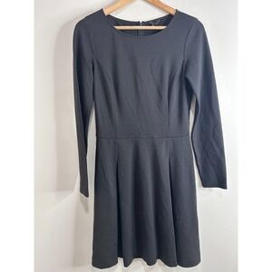 Theory Black Long Sleeve Pleated Fit Flare Ponte Dress Sz 6 Luxury Minimalist